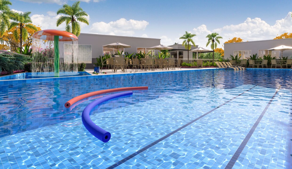 PISCINA COM RAIA DE 20M E DECK MOLHADO, PISCINA INFANTIL COM CASCATA
